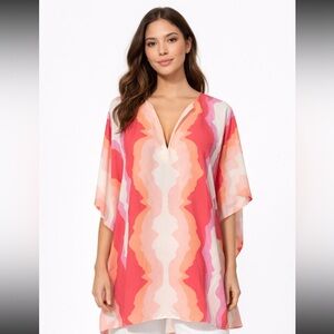 Crosby by Mollie Burch Pink Coral Abstract Caftan Tunic Blouse SZ M Resort Boho